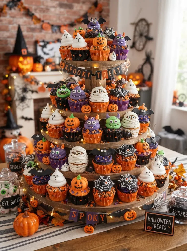 ![A large Halloween cupcake display featuring ghosts, pumpkins, monsters, mummies, bats, spiderwebs, and candy eyes in a coordinated black, orange, purple, white, and green color palette, vertical Pinterest photography.]