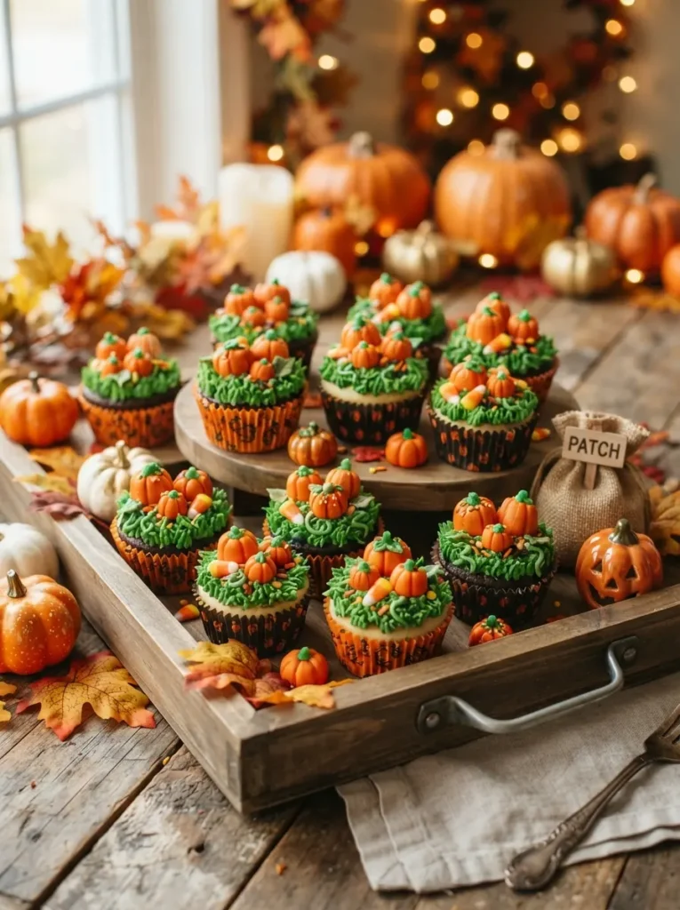 ![A Halloween pumpkin patch cupcake display with green buttercream grass, orange candy pumpkins, piped vines, and autumn decorations on a wooden tray, vertical Pinterest photography.]