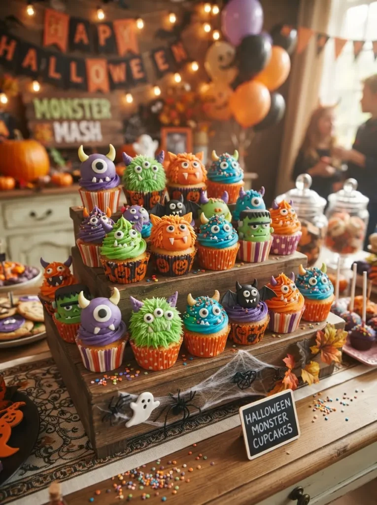 ![Halloween cupcakes decorated with colorful fondant monster faces, horns, ears, teeth, candy eyes, and bright buttercream, playful party dessert table, vertical Pinterest photography.]