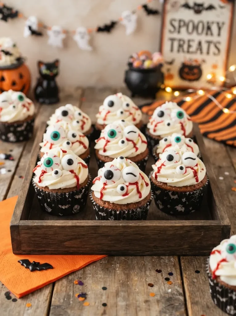 Halloween cupcakes topped with oversized candy eyeballs, white frosting, red icing details, and black liners, playful spooky dessert display, vertical Pinterest photography.