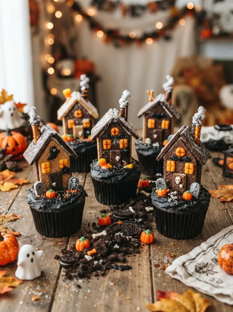 ![Mini haunted-house Halloween cupcakes with dark frosting, cookie roofs, orange candy windows, chocolate crumb roads, and tiny spooky details, vertical Pinterest photography.]