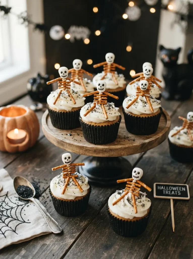 Halloween cupcakes topped with tiny pretzel skeletons, white frosting, candy heads, black liners, and spooky party decorations, vertical Pinterest photography.