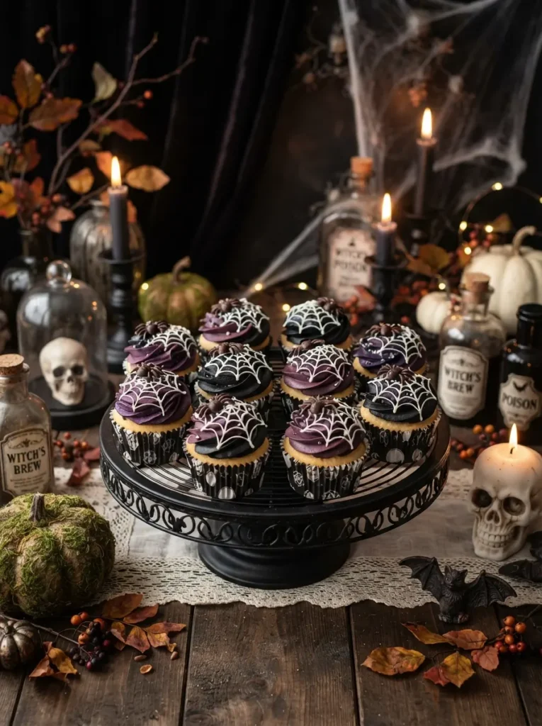 Halloween cupcakes with black and purple frosting decorated with white spiderweb designs and tiny chocolate spiders, elegant spooky dessert table, vertical Pinterest photography.