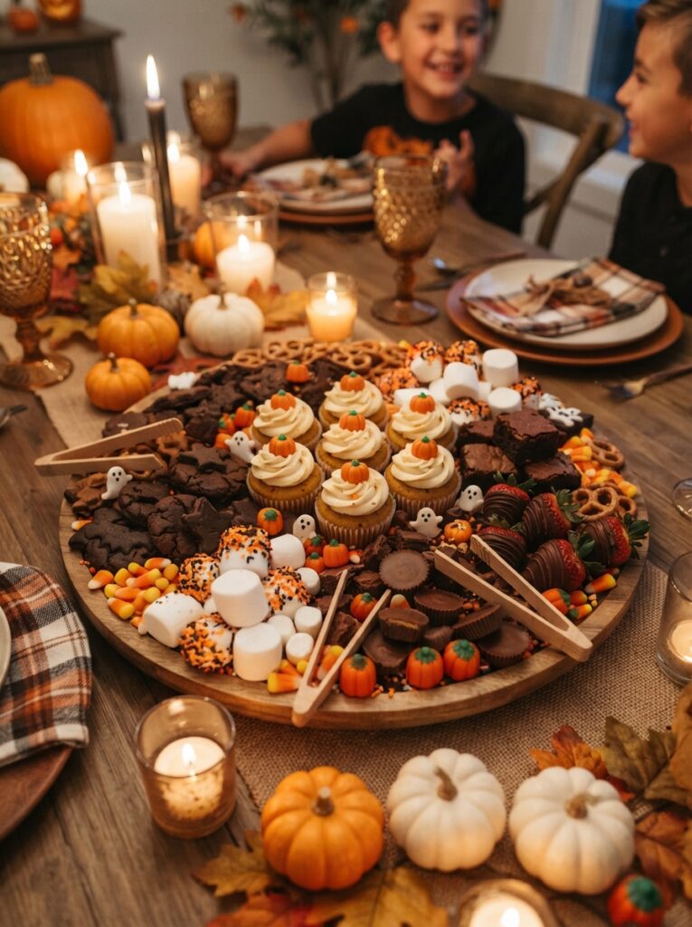 ![A fun Halloween family dinner featuring a bowl of bright green pesto pasta transformed into a friendly monster, several small edible mozzarella and olive eyes arranged on top, creamy sauce coating the pasta, parmesan cheese and fresh basil, dark rustic dinner table decorated with tiny pumpkins, warm cozy lighting, appetizing realistic food photography, vertical Pinterest image, no text.]