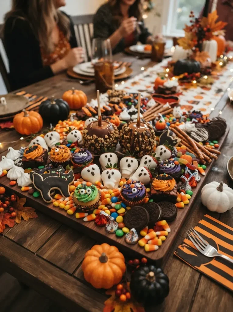 ![A generous Halloween dessert charcuterie board filled with ghost strawberries, monster cupcakes, black cat cookies, candy, caramel apples, brownies, and mini pumpkins, festive dinner party styling, vertical Pinterest photography.]