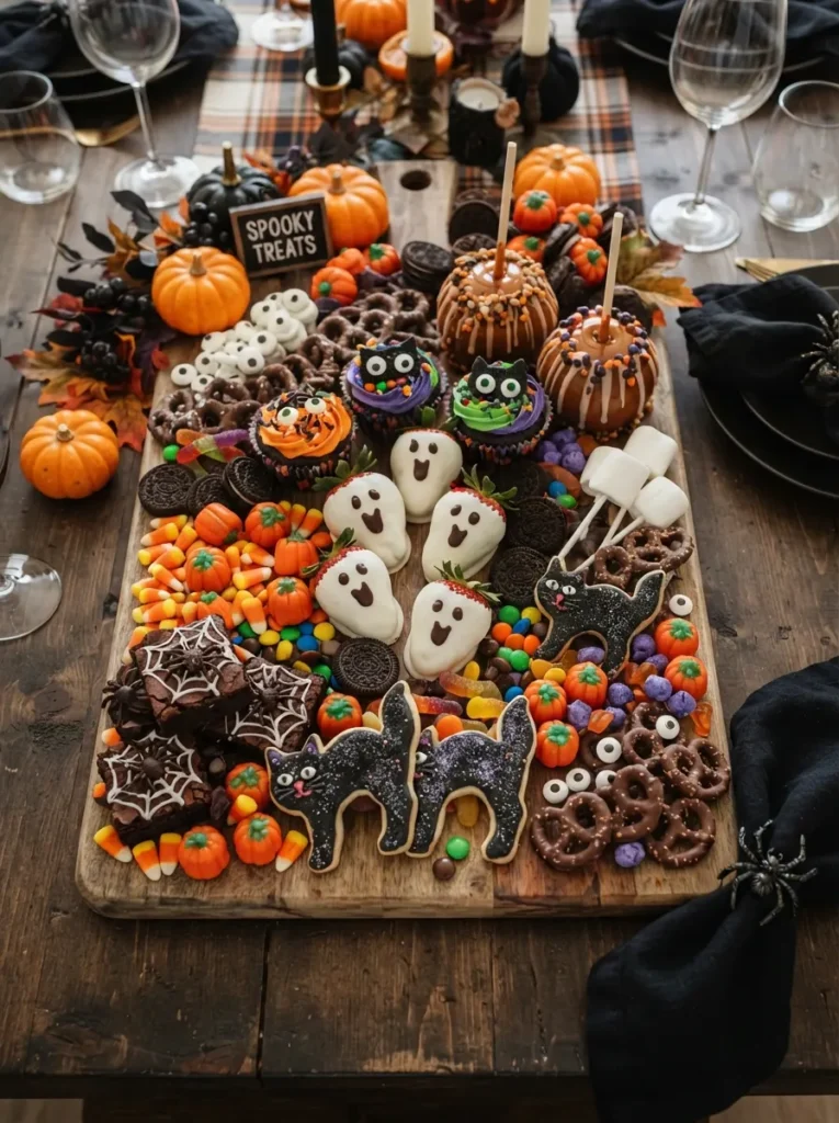 ![A generous Halloween dessert charcuterie board filled with ghost strawberries, monster cupcakes, black cat cookies, candy, caramel apples, brownies, and mini pumpkins, festive dinner party styling, vertical Pinterest photography.]