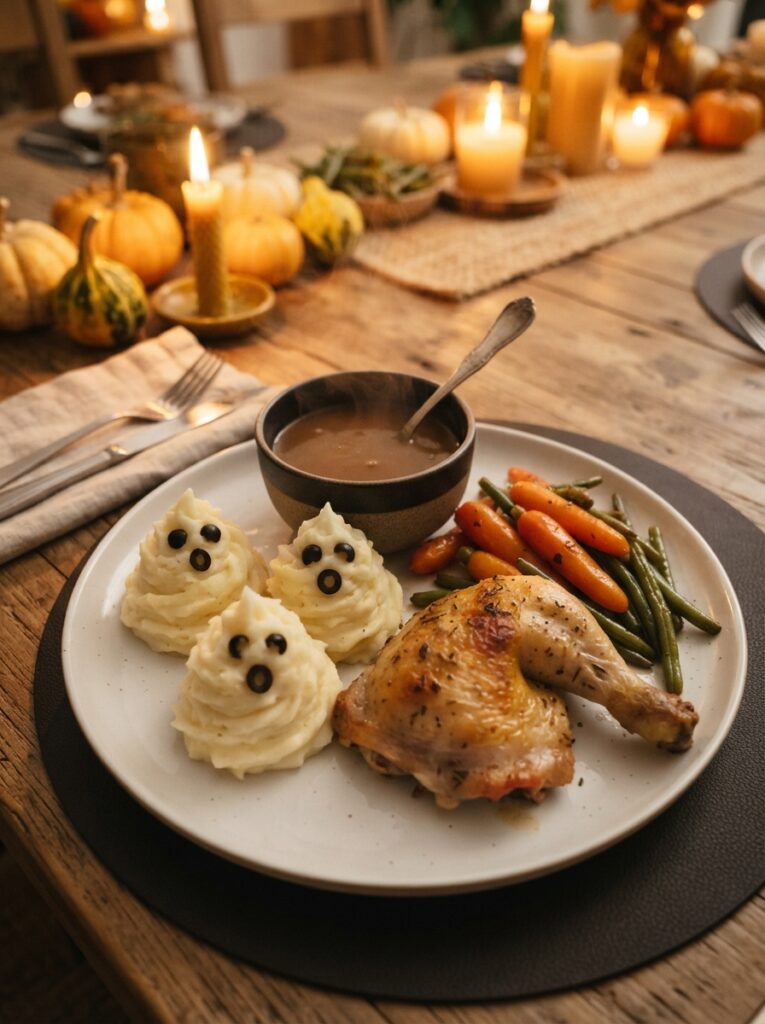 ![A bubbling Halloween pasta bake fresh from the oven, rich tomato sauce and pasta covered with golden melted cheese, several white mozzarella ghost shapes still visible across the surface with tiny black olive eyes, fresh basil garnish, rustic ceramic baking dish on a Halloween dinner table, warm oven glow and candlelight, extremely appetizing realistic food photography, vertical Pinterest composition, no text.]