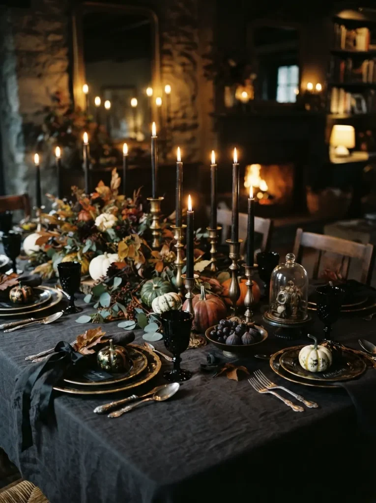 ![A sophisticated Halloween dinner table with varying black taper candles in antique candlesticks, small pumpkins, dark table linens, warm candlelight, elegant moody tablescape, vertical Pinterest photography.]