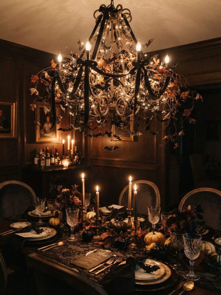 ![A dining room chandelier decorated with black ribbon, fairy lights, hanging bats, and dark vines above an elegant Halloween dinner table, warm moody lighting, vertical Pinterest photography.]