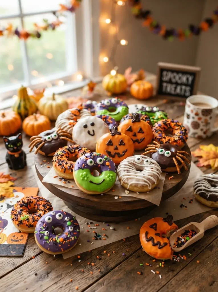 ![Halloween donuts decorated as monsters, ghosts, spiders, and jack-o’-lanterns with candy eyes, chocolate icing, orange glaze, and colorful sprinkles, vertical Pinterest photography.]