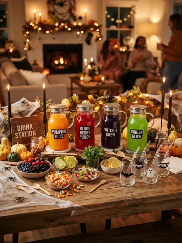 ![A beautifully styled Halloween DIY drink station on a rustic wooden table, several clear glass pitchers filled with orange, red, purple and green drinks, bowls of fresh berries, citrus slices, mint, colorful syrups and Halloween candy garnishes, clear glasses with spooky labels, small pumpkins, black candles and subtle spider webs, warm festive party lighting, inviting family-friendly Halloween atmosphere, realistic food photography, vertical Pinterest composition, no text.]