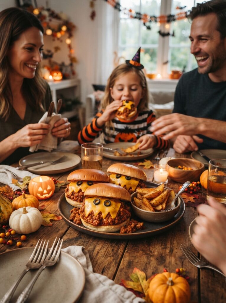 ![A fun Halloween burger bar arranged across a rustic kitchen island, juicy burgers with toasted buns, cheese slices cut into bats, ghosts and pumpkins, lettuce, tomatoes, pickles, sauces and crispy fries arranged in bowls, small Halloween decorations and miniature pumpkins around the food, warm family dinner atmosphere, highly appetizing realistic food photography, vertical Pinterest composition, no text.]