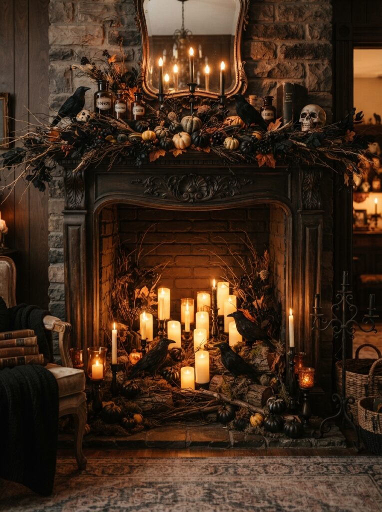![A Halloween fireplace filled with glowing flameless candles, black candlesticks, dried branches, ravens, and small pumpkins, warm gothic interior lighting, vertical Pinterest photography.]