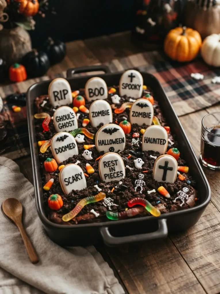 ![A Halloween graveyard brownie tray decorated with cookie tombstones, chocolate crumb soil, candy pumpkins, gummy worms, and spooky icing messages, vertical Pinterest photography.]