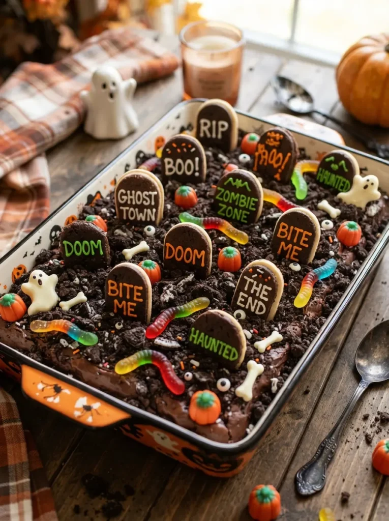 ![A Halloween graveyard brownie tray decorated with cookie tombstones, chocolate crumb soil, candy pumpkins, gummy worms, and spooky icing messages, vertical Pinterest photography.]