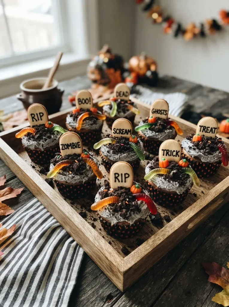 Mini Halloween graveyard cupcakes with gray frosting, crushed chocolate cookie soil, cookie tombstones, gummy worms, and candy pumpkins, vertical Pinterest photography.
