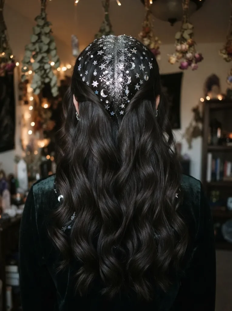 Halloween hairstyle with glitter roots along a center part, silver stars, crescent moon hair gems, loose dark waves, magical witchy beauty styling, vertical Pinterest photography.