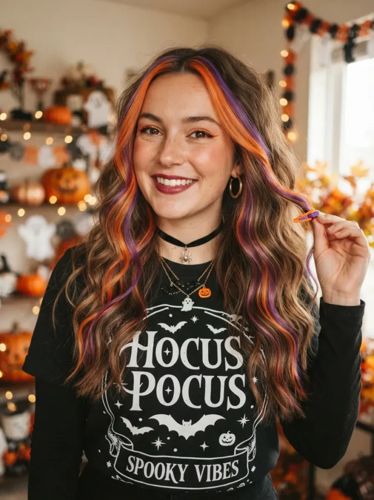 Halloween hairstyle with temporary orange and purple color painted through loose waves, subtle face-framing streaks, playful spooky outfit, vertical Pinterest beauty photography.