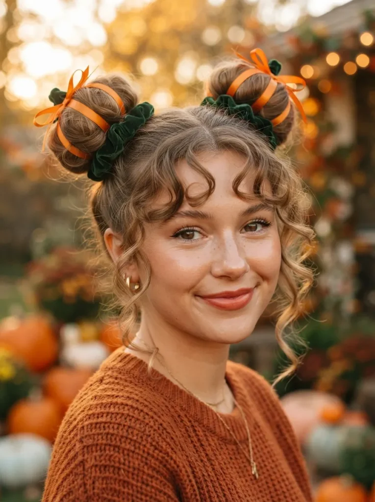 Playful Halloween hairstyle with two high pumpkin-inspired space buns, orange ribbons, green scrunchies, loose face-framing strands, warm autumn lighting, vertical Pinterest beauty photography.