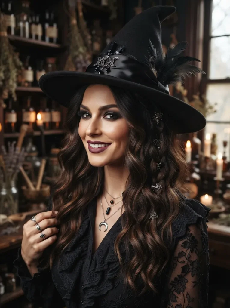 Statement Halloween hairstyle with a dramatic black witch hat, loose waves, dark ribbon, subtle hair accessories, polished spooky costume styling, vertical Pinterest beauty photography.