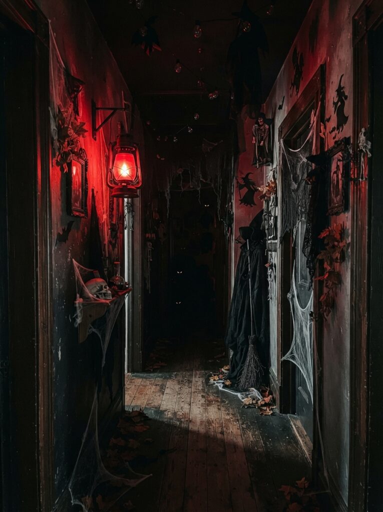 ![A Halloween hallway with one red glowing lamp, dark walls, shadowy decorations, and a mysterious dramatic atmosphere, cinematic spooky lighting, vertical Pinterest photography.]