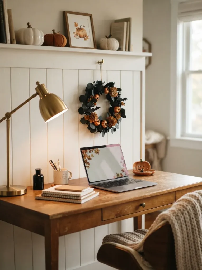 ![A stylish home office decorated for Halloween with a small sophisticated wreath hanging above a wooden desk, wreath featuring dark leaves, tiny orange pumpkins, black bats and warm brown dried flowers, laptop and neatly arranged stationery on the desk, warm desk lamp, cozy autumn atmosphere, modern realistic interior photography, vertical Pinterest composition, no text.]