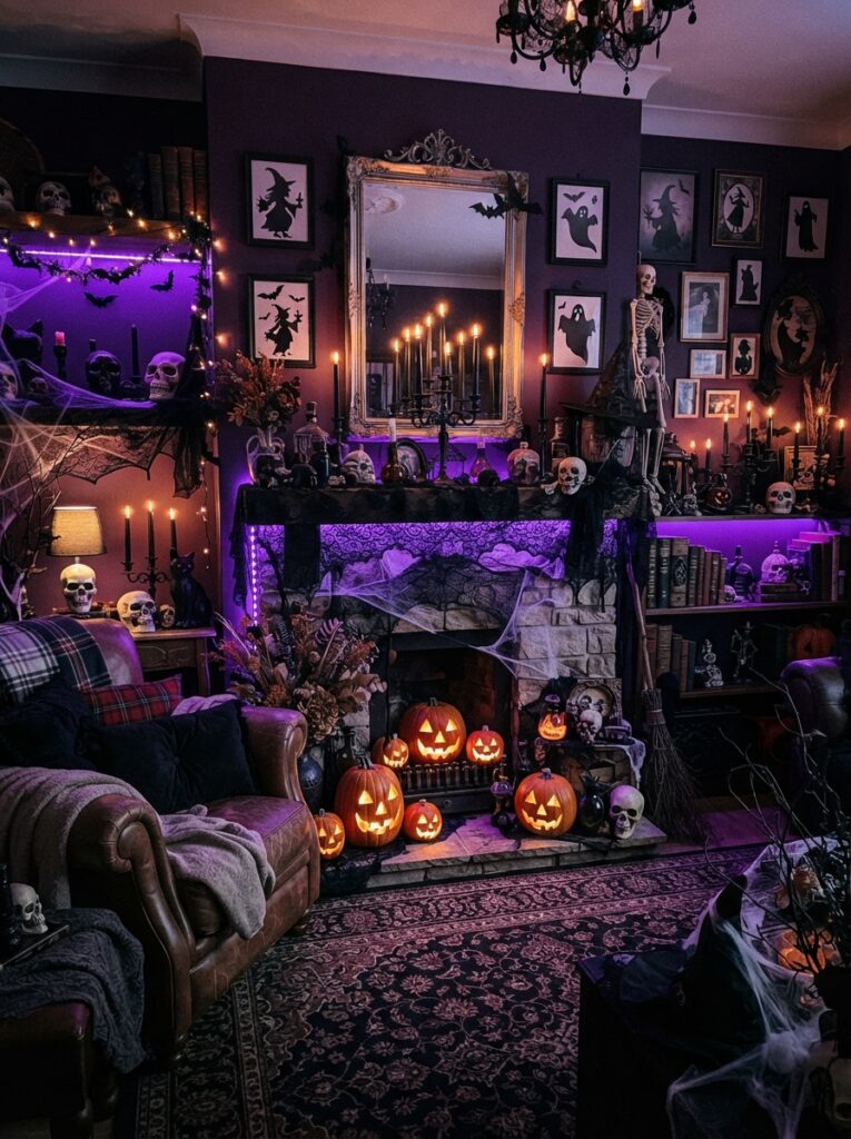 ![A Halloween living room illuminated with deep purple accent lighting, black candles, spooky silhouettes, pumpkins, and dark gothic decorations, dramatic haunted atmosphere, vertical Pinterest photography.]