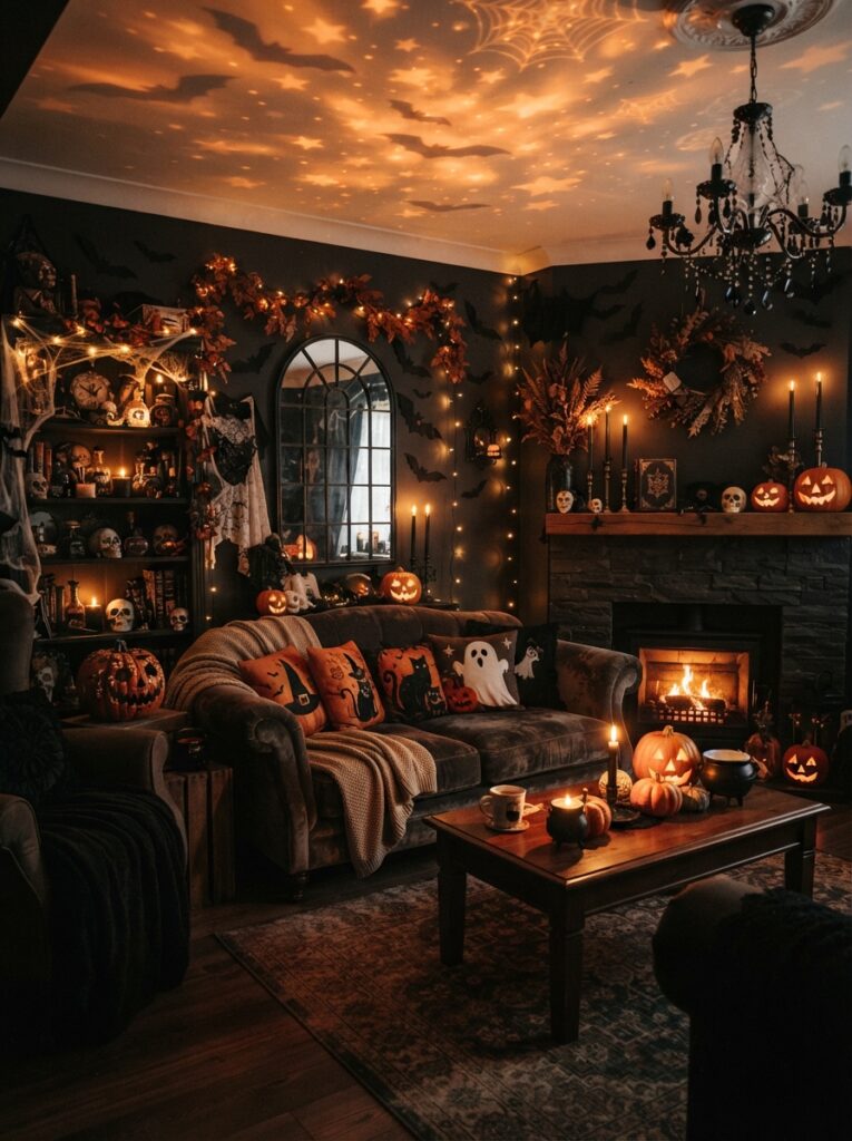 ![A Halloween living room with flickering amber light projected across the walls and ceiling, dark furniture, candles, pumpkins, and gothic decorations, atmospheric evening mood, vertical Pinterest photography.]
