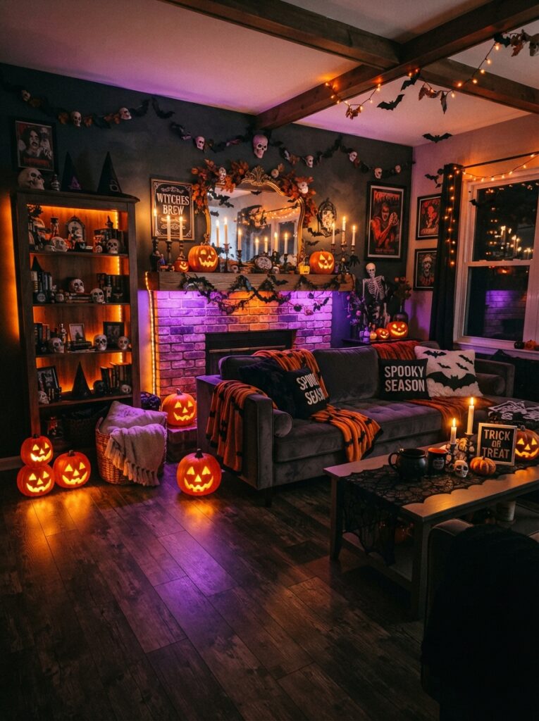 ![A Halloween living room with indirect color-changing LED lights glowing behind furniture in purple and orange, dark décor, pumpkins, candles, and spooky accents, vertical Pinterest photography.]