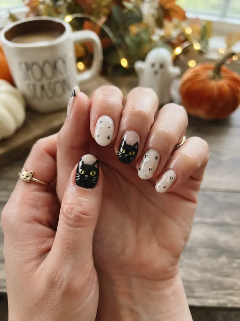 ![Halloween checkerboard nail art in black and burnt orange, mixed with solid matte black accent nails, trendy retro manicure, vertical Pinterest beauty photography.]