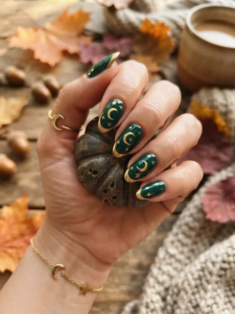 ![Halloween nail art with tiny white skeleton faces on glossy black nails, detailed dark eye sockets and toothy smiles, spooky gothic manicure, vertical Pinterest photography.]