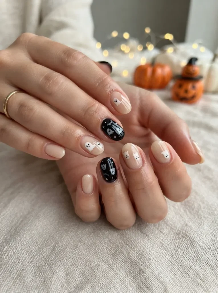 ![Elegant Halloween nails with glossy black French tips over a sheer nude base, almond-shaped manicure, subtle silver accent line, moody beauty lighting, vertical Pinterest photography.]