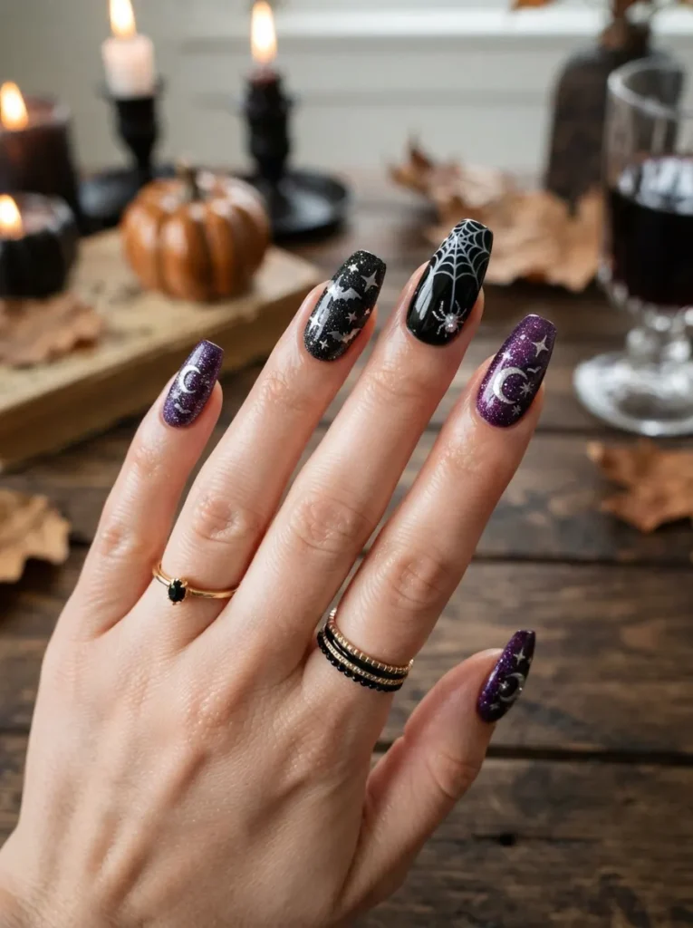 ![Halloween nail art with tiny white skeleton faces on glossy black nails, detailed dark eye sockets and toothy smiles, spooky gothic manicure, vertical Pinterest photography.]