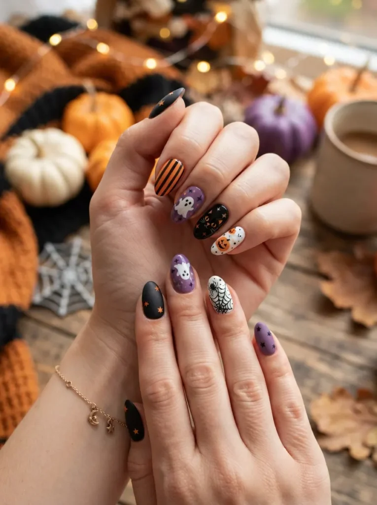 ![Mismatched Halloween manicure featuring ghosts, pumpkins, spiderwebs, black cats, stripes, and tiny stars in coordinated black, orange, white, and purple colors, vertical Pinterest photography.]