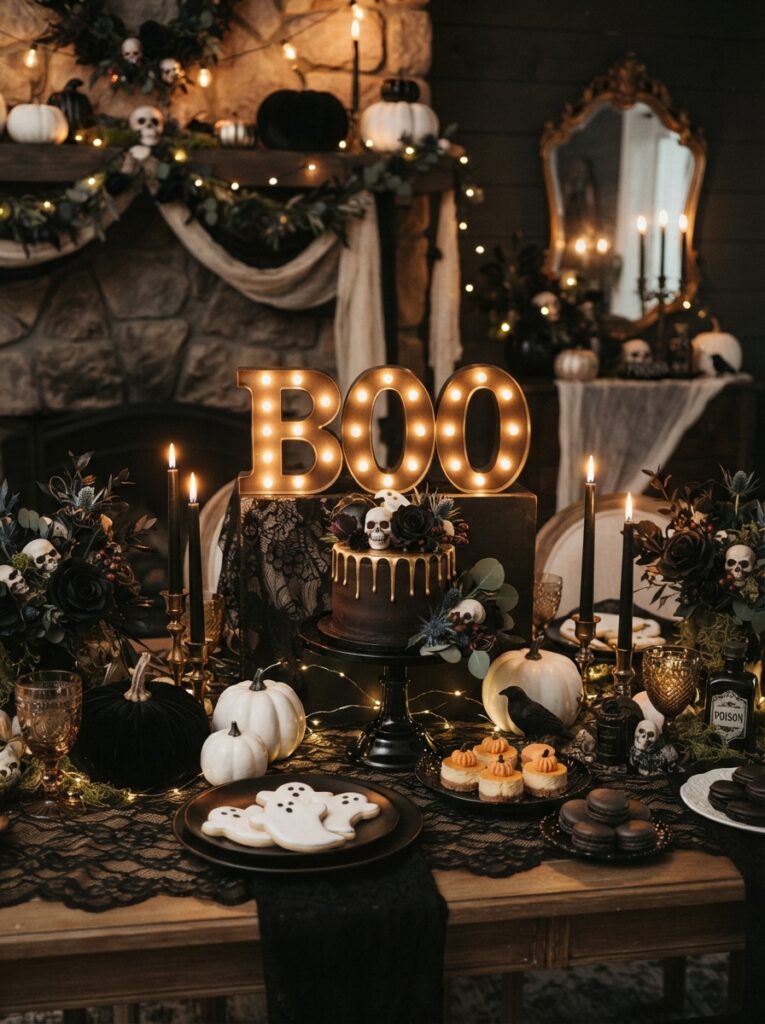 ![A glowing Halloween marquee sign reading BOO on a decorated dessert table with pumpkins, black candles, dark florals, and warm string lights, elegant party styling, vertical Pinterest photography.]