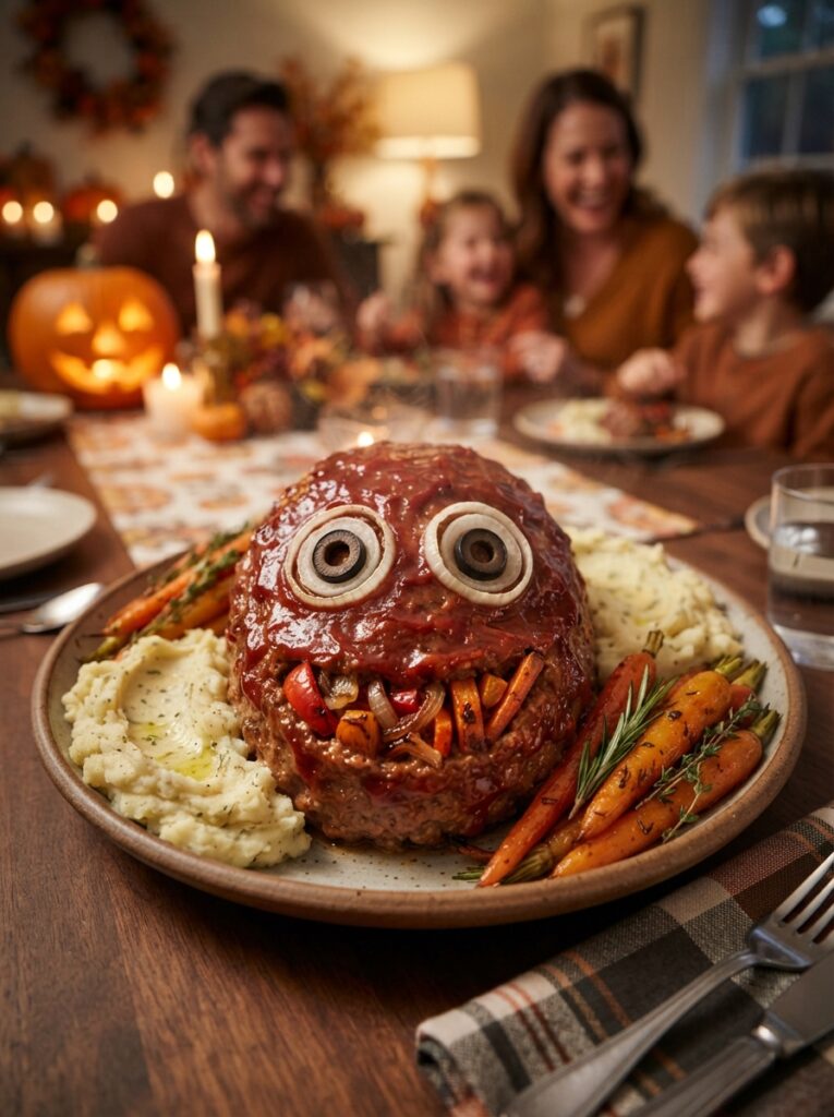 ![A family-style Halloween meatloaf shaped into a friendly spooky face on a rustic serving platter, glossy tomato glaze covering the surface, sliced olives and roasted vegetables forming simple eyes and mouth, mashed potatoes and roasted carrots surrounding the meatloaf, warm dining room lighting, cozy Halloween family feast, appetizing realistic food photography, vertical Pinterest composition, no text.]