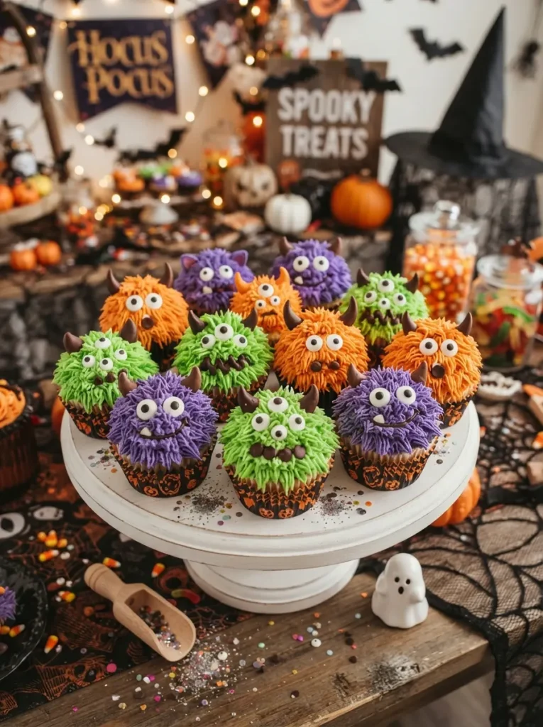 ![Colorful Halloween monster cupcakes with shaggy purple, green, and orange frosting, candy eyes, chocolate details, and playful expressions, festive dessert table, vertical Pinterest photography.]