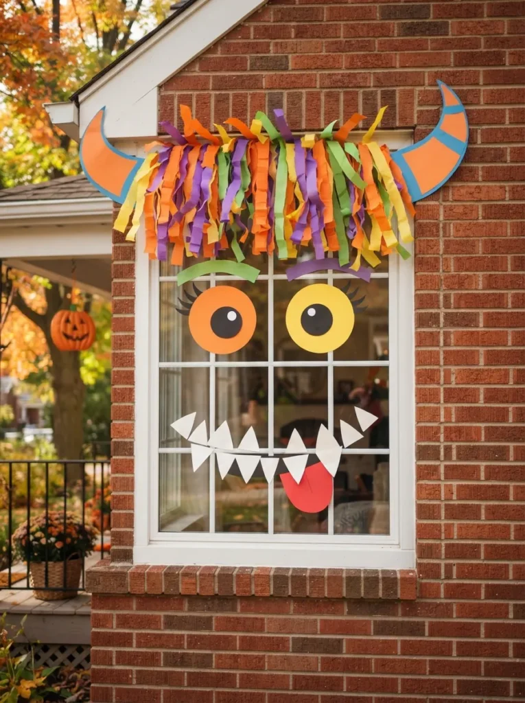 A large colorful Halloween monster face made from paper eyes, teeth, horns, eyebrows, and bright hair arranged across a home window, kid-friendly decoration, vertical Pinterest photography.