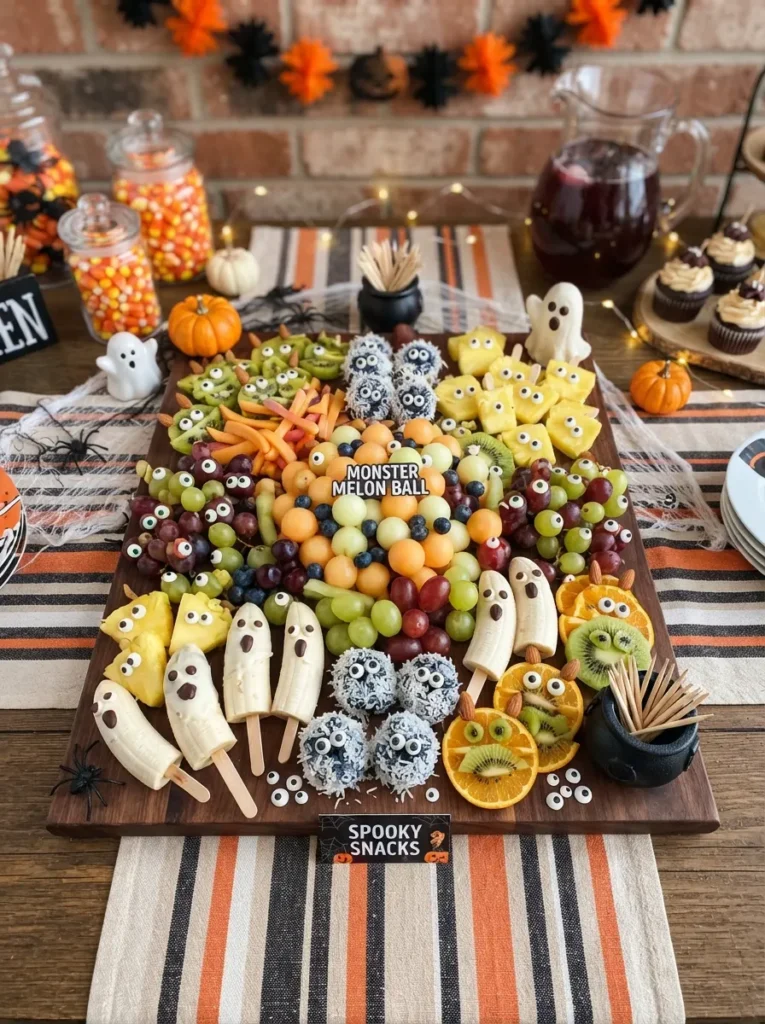![A colorful Halloween monster fruit platter made with melon, grapes, berries, bananas, pineapple, and candy eyes, playful dessert table presentation, vertical Pinterest photography.]