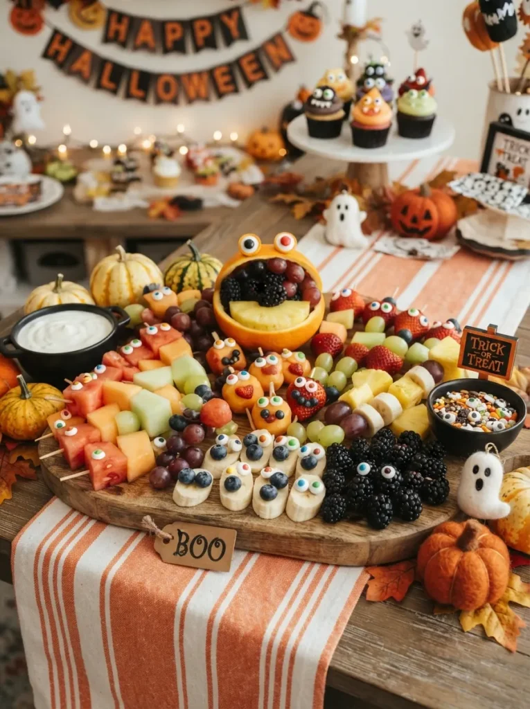 ![A colorful Halloween monster fruit platter made with melon, grapes, berries, bananas, pineapple, and candy eyes, playful dessert table presentation, vertical Pinterest photography.]