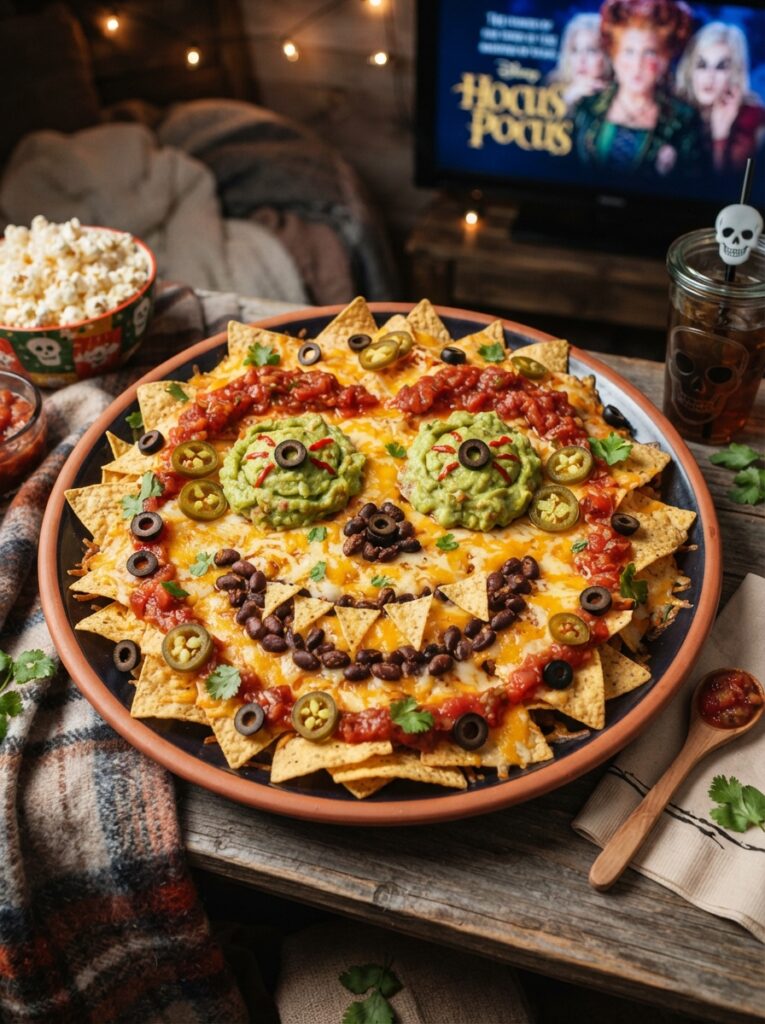 ![Mini mummy hot dogs wrapped in golden crescent dough with tiny mustard eyes, arranged on a Halloween platter with dipping sauces, cozy movie night snack table, vertical Pinterest photography.]