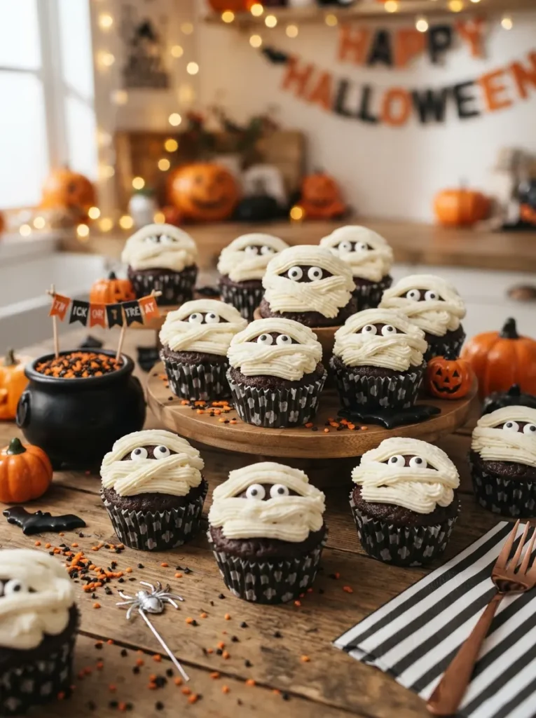 Halloween mummy cupcakes with white frosting bandages, candy eyes peeking through, dark chocolate cake, and orange and black decorations, vertical Pinterest photography.