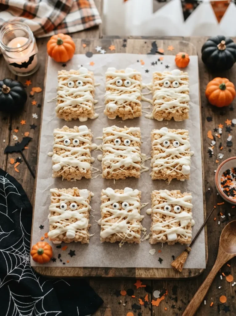 ![Halloween mummy rice cereal treats covered with white chocolate icing strips and candy eyes, arranged on parchment paper with black and orange decorations, vertical Pinterest photography.]