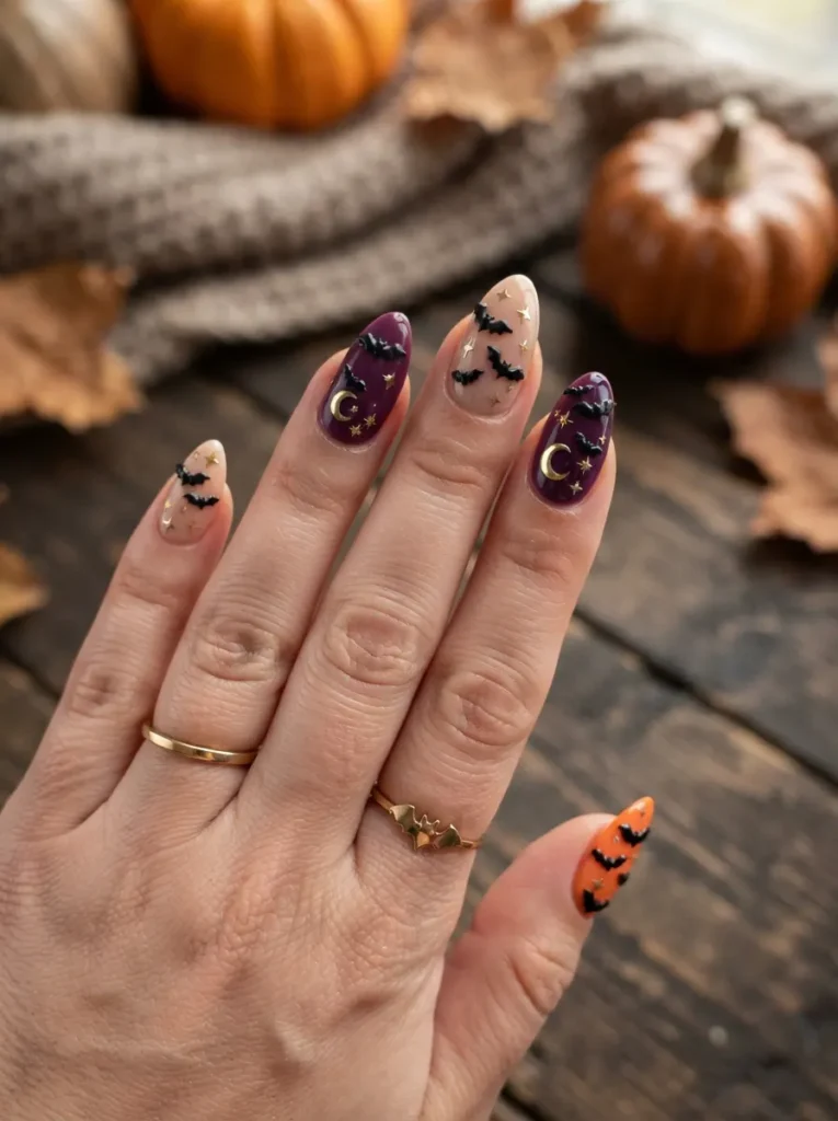 ![Halloween nail art with tiny black 3D bats flying across nude, purple, and orange nails, crescent moon and metallic star details, vertical Pinterest beauty photography.]