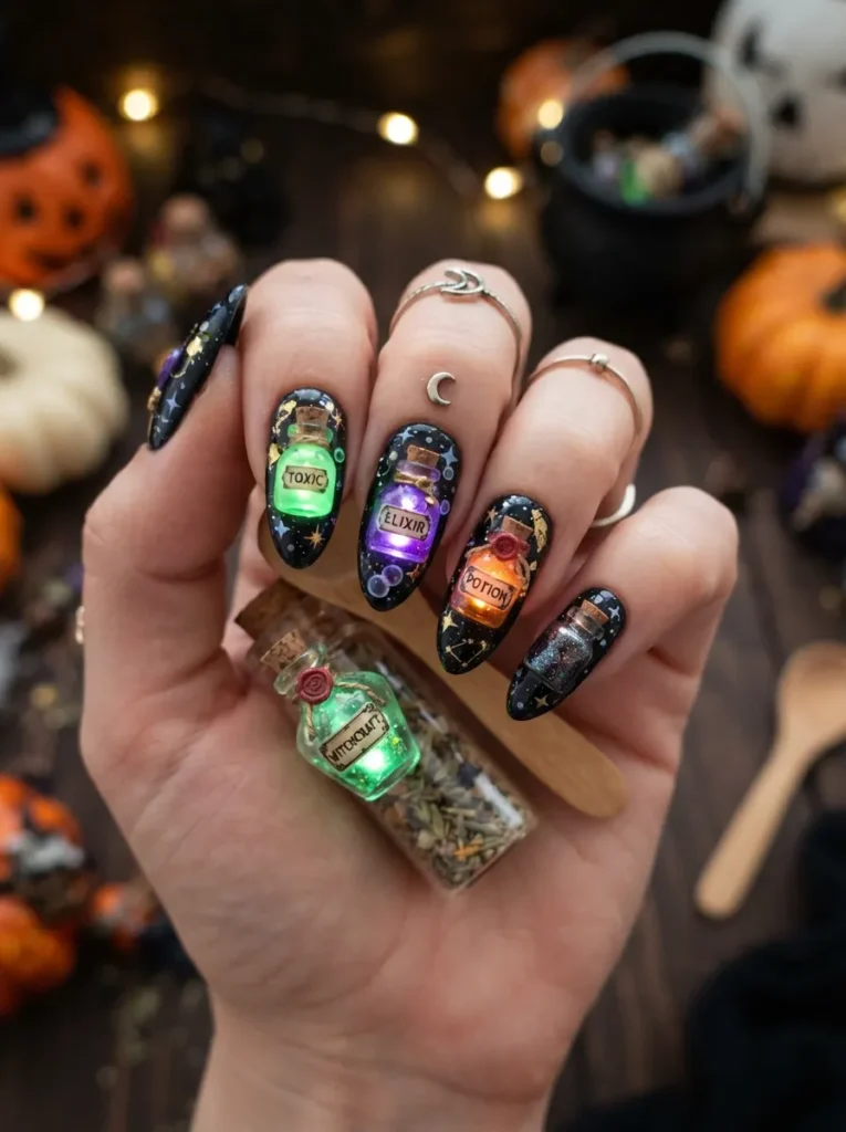 ![Creative Halloween nail art featuring miniature witch potion bottles filled with glowing green, purple, and orange liquid, dark base nails, whimsical manicure, vertical Pinterest photography.]