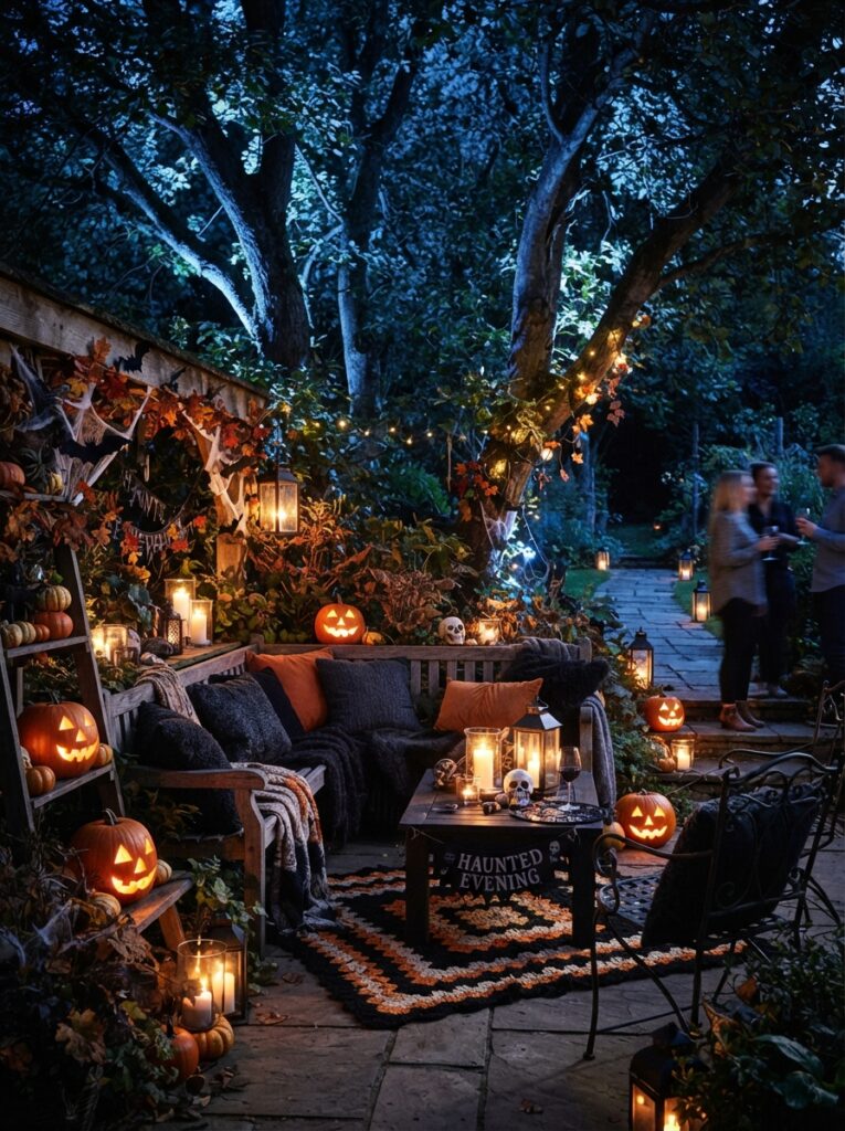 ![A Halloween outdoor seating area with cool blue moonlight uplighting, warm lanterns, candles, pumpkins, and dark cushions beneath trees, atmospheric evening party setting, vertical Pinterest photography.]
