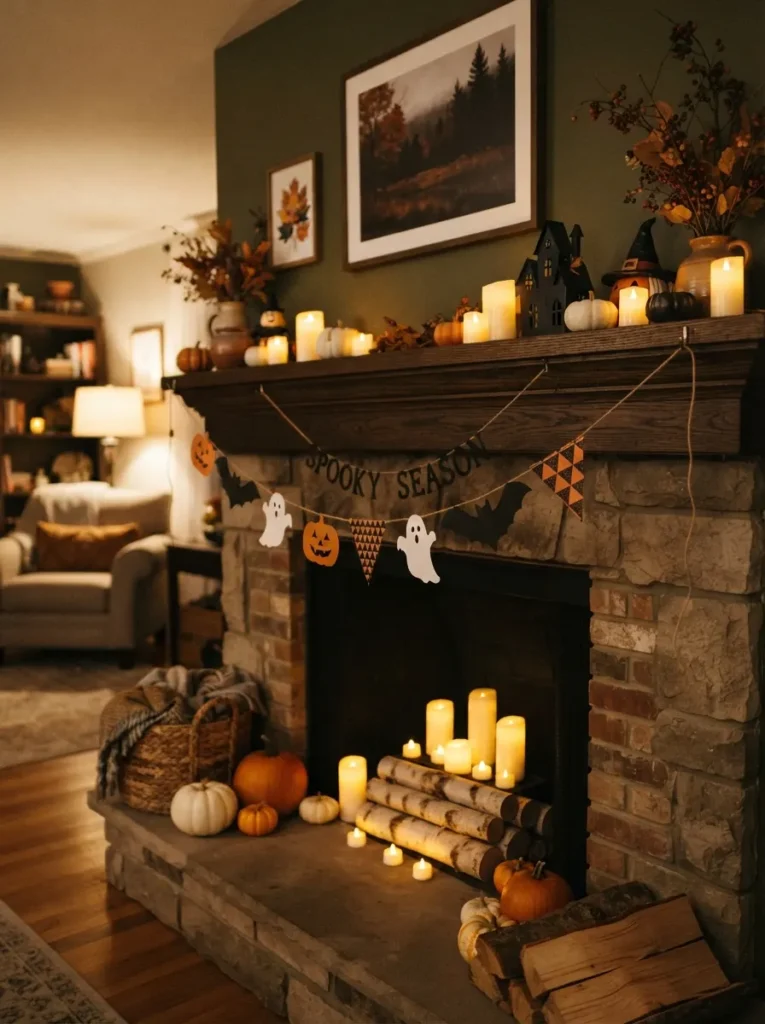 ![A handmade black and orange Halloween paper garland draped across a cozy fireplace mantel, alternating bats, pumpkins, ghosts and geometric paper shapes, small glowing candles and pumpkins underneath, warm living room lighting, tasteful seasonal decor, realistic DIY photography, vertical Pinterest composition, no text.]