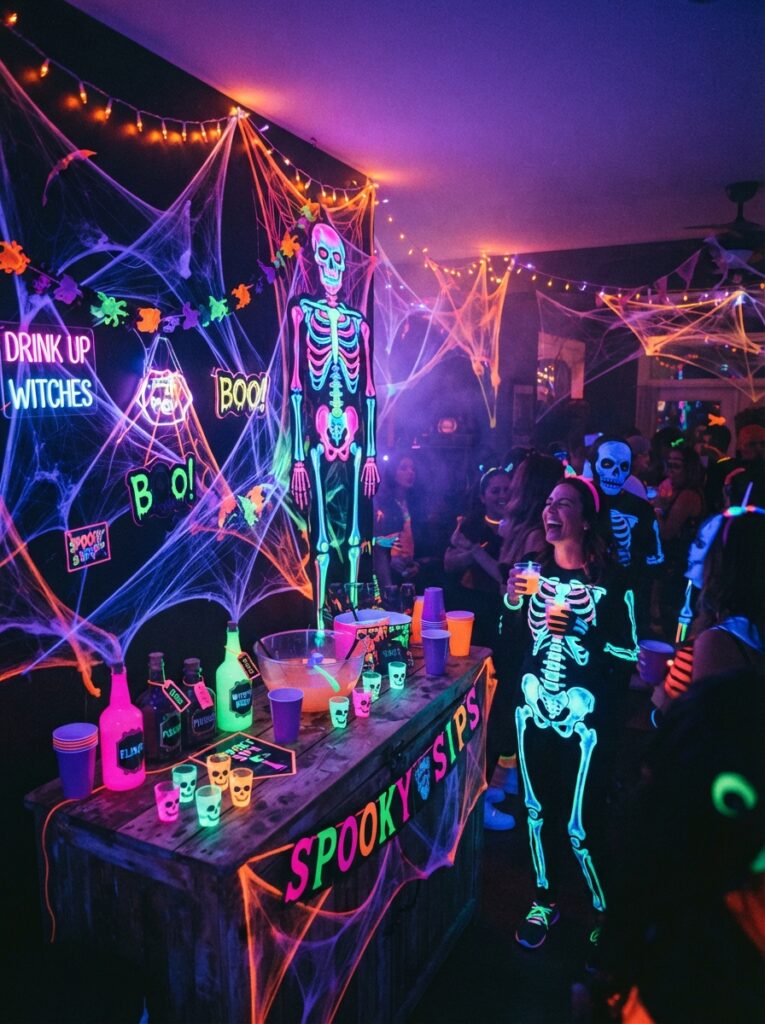 ![A Halloween party room illuminated by a blacklight, glowing fluorescent spiderwebs, neon skeleton details, and purple accents, dramatic spooky atmosphere, vertical Pinterest photography.]
