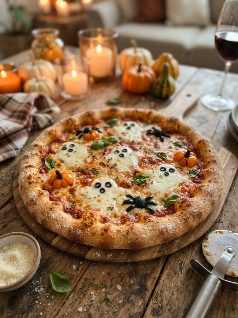 ![A delicious homemade Halloween pizza on a rustic wooden table, melted mozzarella arranged into several cute ghost shapes across a rich tomato sauce base, black olive spiders and small pumpkin-shaped toppings, golden crispy crust, scattered fresh herbs, miniature pumpkins and warm candlelight in the background, highly appetizing realistic food photography, vertical Pinterest composition, no text.]