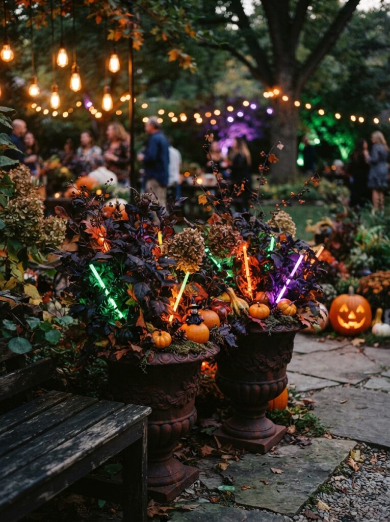 ![Outdoor Halloween planters glowing with green, orange, and purple glow sticks hidden among dark foliage, pumpkins, and autumn leaves, spooky garden party lighting, vertical Pinterest photography.]v